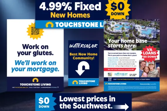 Touchstone Living rebrand campaign showcasing refreshed branding across digital ads, signage, rate boards, A-frames, and promotional marketing materials.