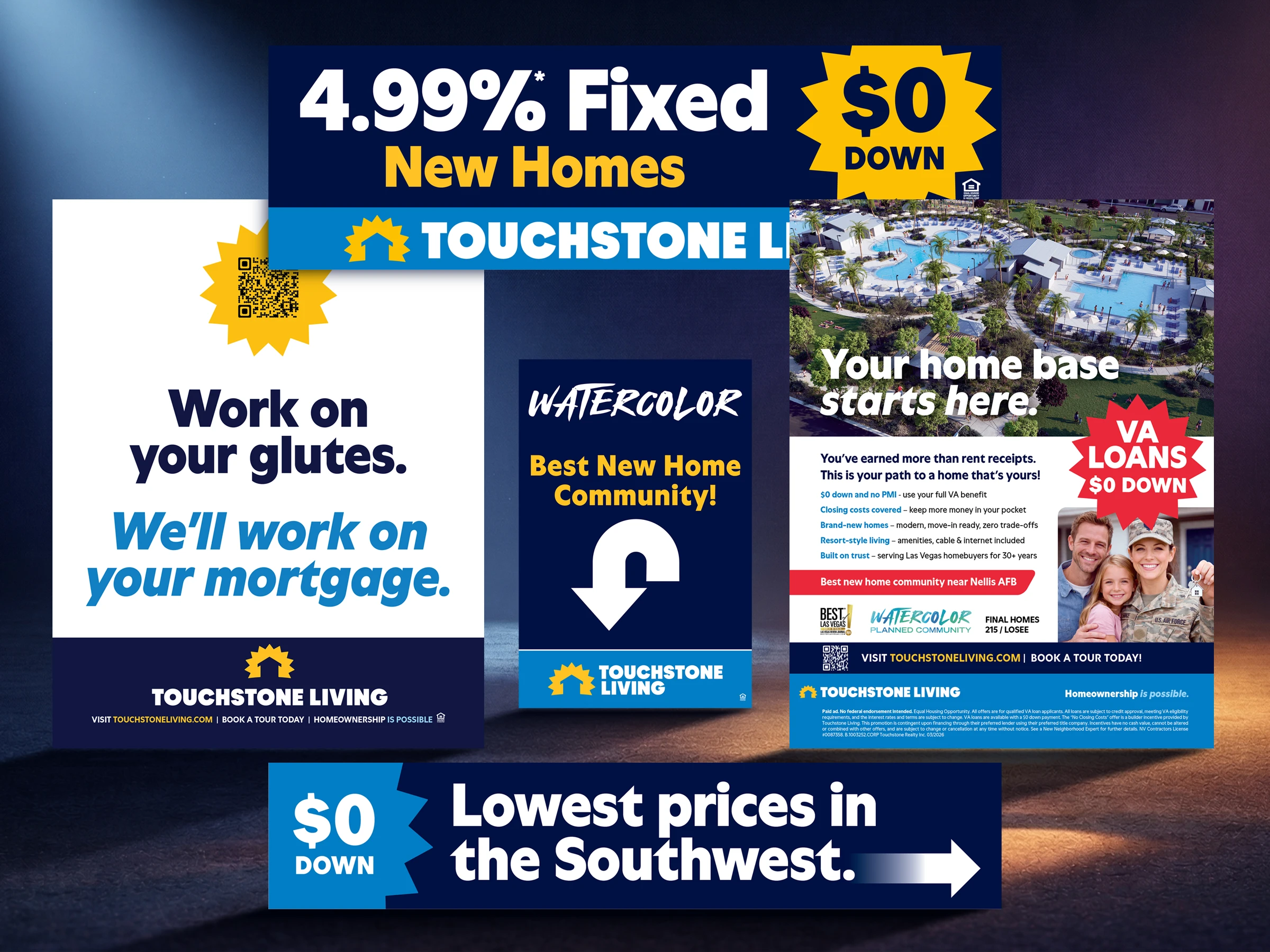 Touchstone Living rebrand campaign showcasing refreshed branding across digital ads, signage, rate boards, A-frames, and promotional marketing materials.